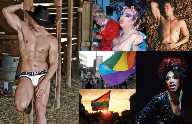 RUNNERS-UP |  Among the contenders for Dallas Voice’s My Gay Texas photo contest that did not make the top nine are, clockwise from above: Eric Dickson (cowboy), Lauren Farris (‘Drag Queens’), Stephanie Kern (Rainbow Lounge rally flag), Don Klausmeyer (man in leaves), Farris again (drag queen) and Shannon Kern (Milk Day rainbow flag).