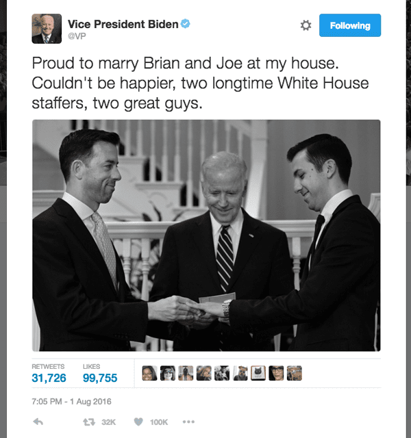 VP conducts his first marriage ceremony, for two gay WH staffers