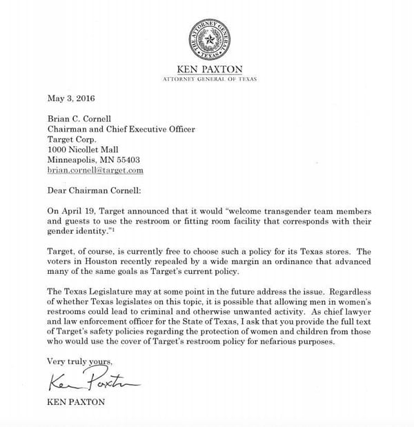 Paxton sends Target a snotty letter