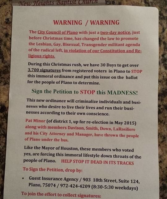 Stop ‘forcing this immoral lifestyle down the throats of the people of Plano’