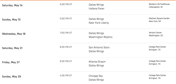 Dallas Wings schedule announced
