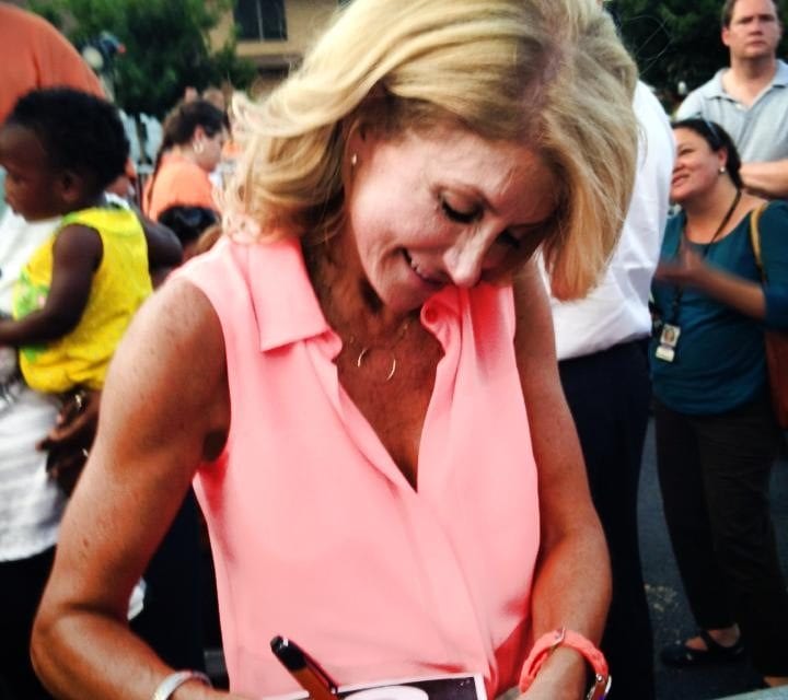Wendy Davis signs Chance Browning’s ‘Gays for Vajays’ sign