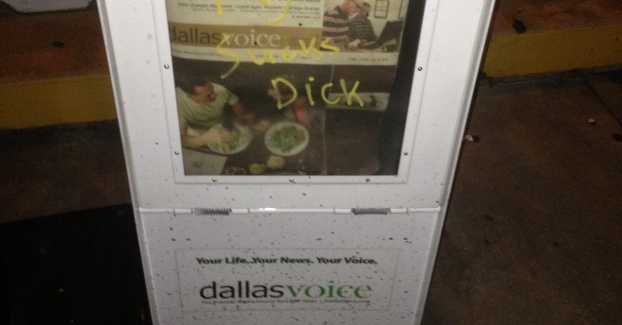 Dallas Voice newspaper box vandalized with anti-gay graffiti