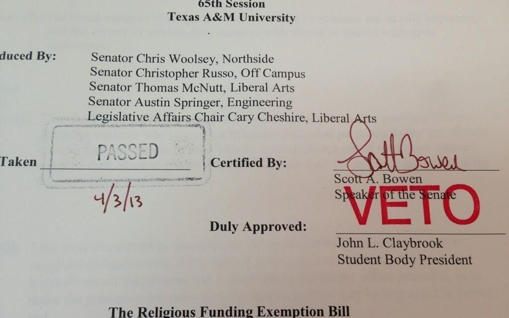 BREAKING: Texas A&M student body president vetoes illegal, anti-gay bill