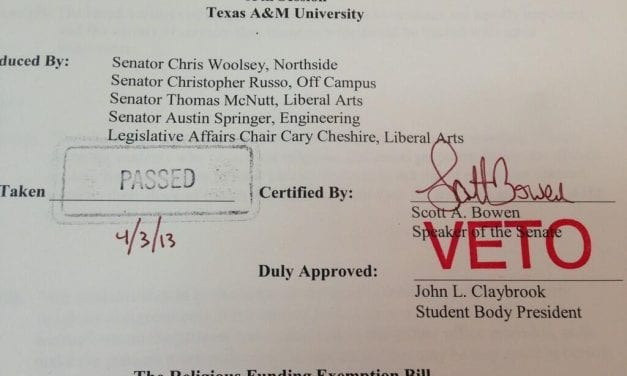 BREAKING: Texas A&M student body president vetoes illegal, anti-gay bill