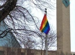 Rainbow flag raised outside Edmonton City Hall during Sochi Olympics