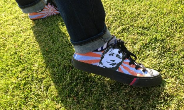 Dallas Voice’s Chance Browning and his Hillary shoes urge Clinton to run