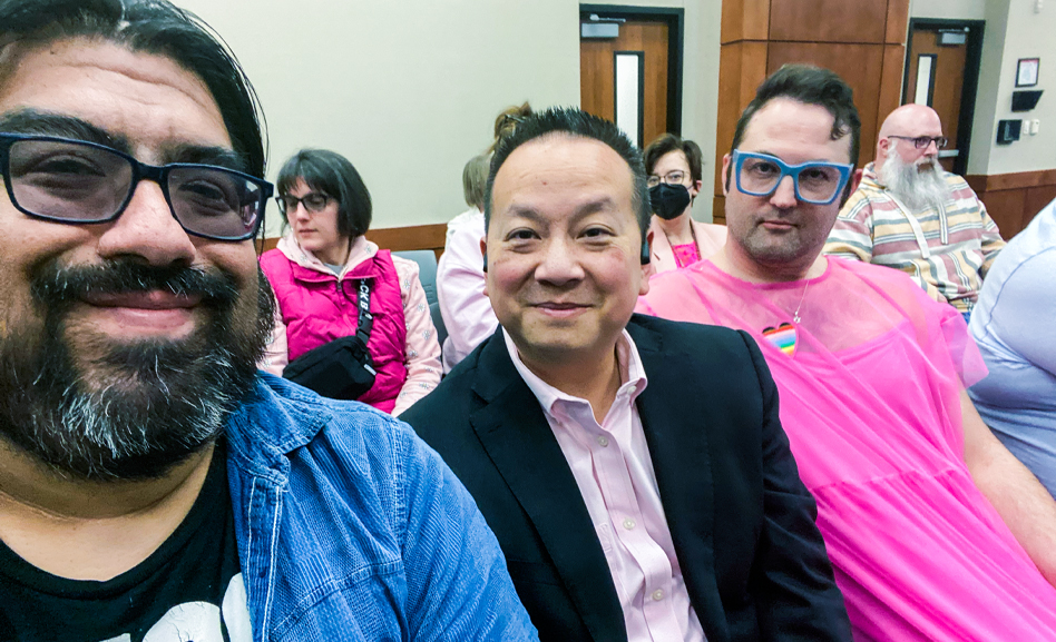 Gordy Carmon, left, with Equality Texas, Jon Culpepper, center, with Pride Frisco and DR Mann, right, with Radical Faeries Dallas and CinéWilde were among those who attended the LISD board meeting tonight in support of chemistry teacher Mr. T and the district's LGBTQ students and faculty. (Photos provided by Gordy Carmona)